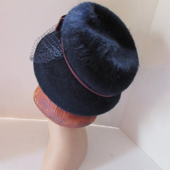SALE  Vintage Hat  Bucket or Lampshade Style Navy Felt Burgundy Bow main image 5